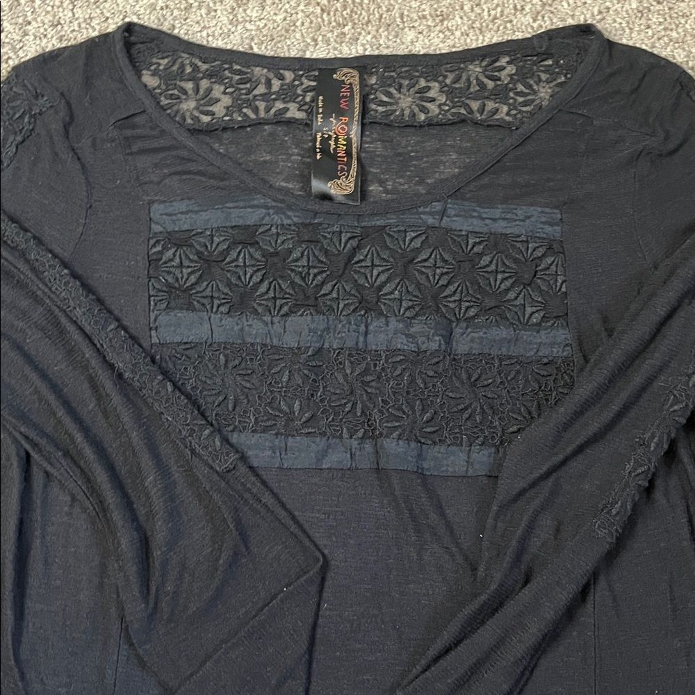 Free People New Romantics Black Sheer Long Sleeve Top Lace Inset Size Small